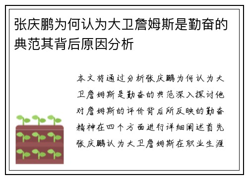 张庆鹏为何认为大卫詹姆斯是勤奋的典范其背后原因分析